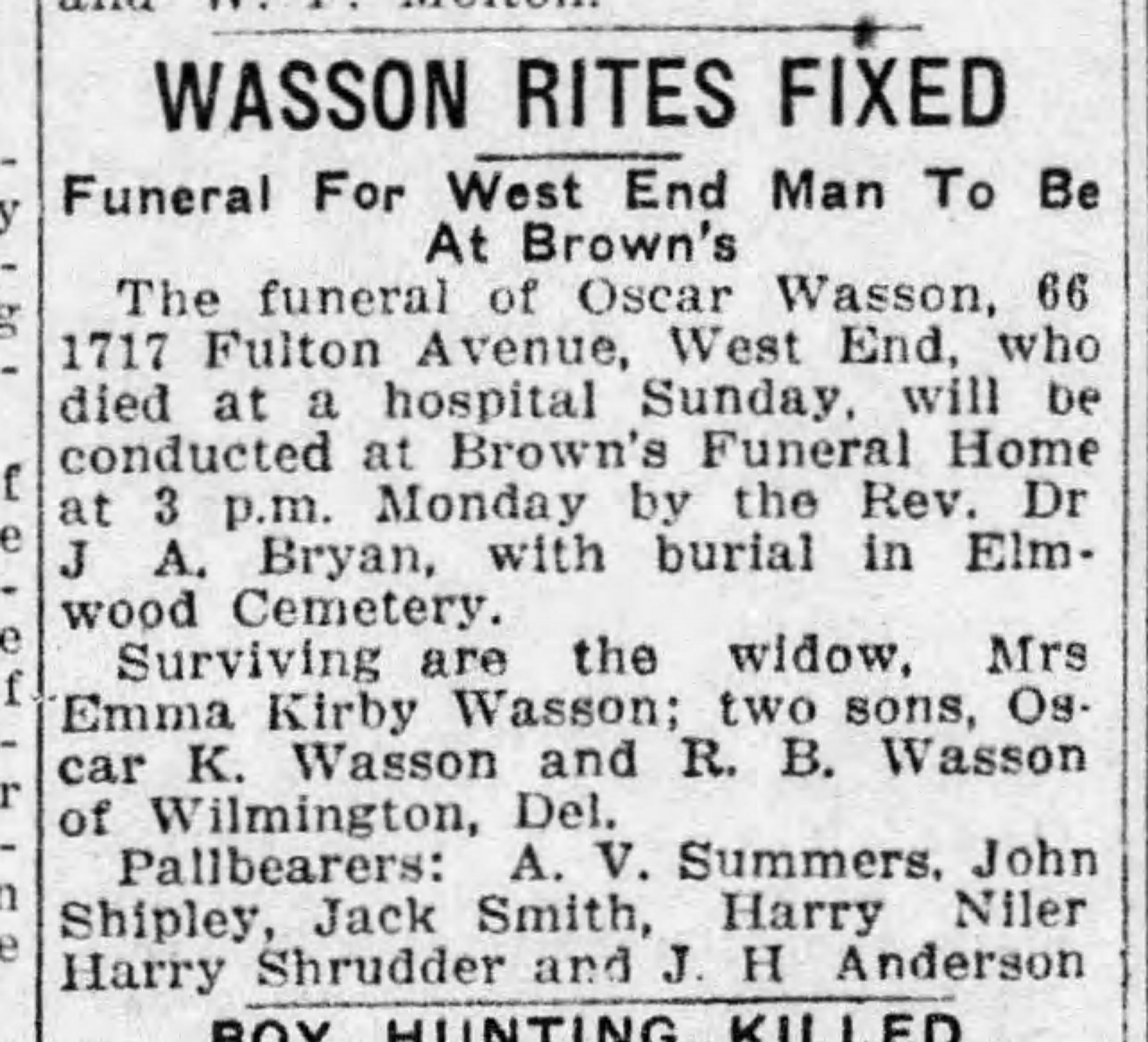 Oscar Wasson obituary